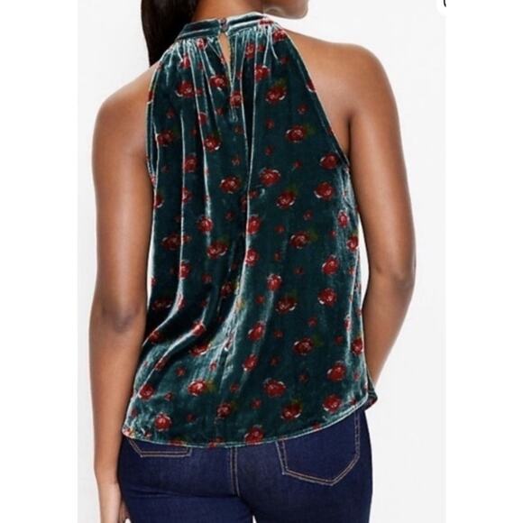 LOFT Green Velvet Red Rose Shirted Halter Top Sz M High Neck Christmas Party - Picture 5 of 7
